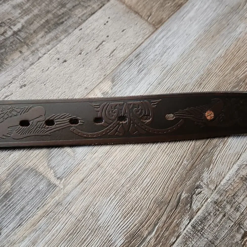 Wrangler Mens Brown Tooled Leather Belt 44/110 Eagle Brass Buckle Western Cowboy